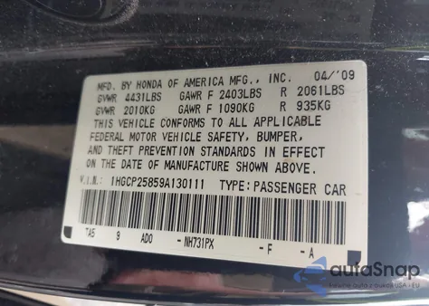 2009 Honda Accord 2.4 Ex-L from USA, damaged, VIN 1HGCP25859A130111